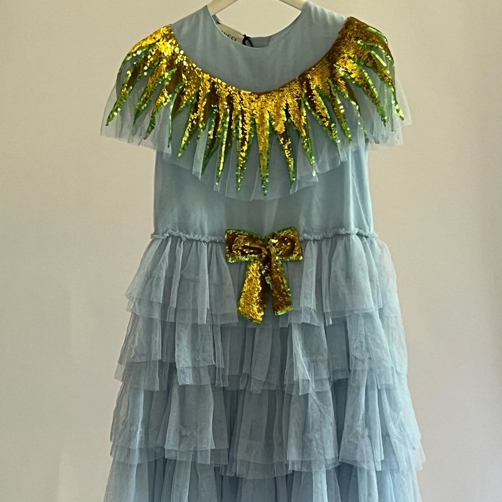 GUCCI Mini Me Girls Blue & Gold Tulle Sequin Dress